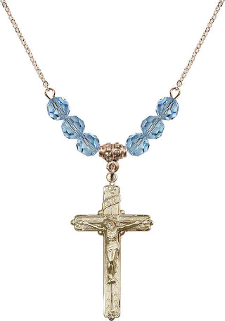18" Hamilton Gold Plated Necklace with 4mm Aqua Crystal Beads featuring a 14kt Gold Filled Crucifix Medal.