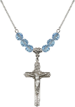 18" Rhodium Plated Necklace with 4mm Aqua Crystal Beads featuring a Sterling Silver Crucifix Medal.
