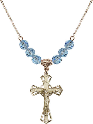 18" Hamilton Gold Plated Necklace with 4mm Aqua Crystal Beads featuring a 14kt Gold Filled Crucifix Medal.