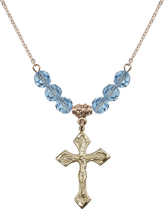 18" Hamilton Gold Plated Necklace with 4mm Aqua Crystal Beads featuring a 14kt Gold Filled Crucifix Medal.