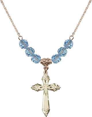 18" Hamilton Gold Plated Necklace with 4mm Aqua Crystal Beads featuring a 14kt Gold Filled Cross Medal.