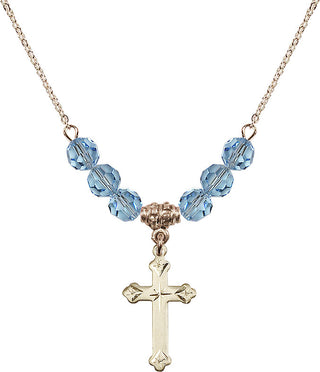 18" Hamilton Gold Plated Necklace with 4mm Aqua Crystal Beads featuring a 14kt Gold Filled Cross Medal.