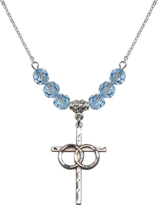 18" Rhodium Plated Necklace with 4mm Aqua Crystal Beads featuring a Sterling Silver Wedding Rings Cross Medal.