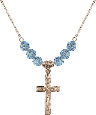 18" Hamilton Gold Plated Necklace with 4mm Aqua Crystal Beads featuring a 14kt Gold Filled Crucifix Medal.