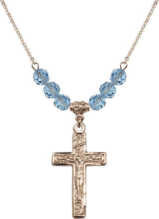 18" Hamilton Gold Plated Necklace with 4mm Aqua Crystal Beads featuring a 14kt Gold Filled Crucifix Medal.