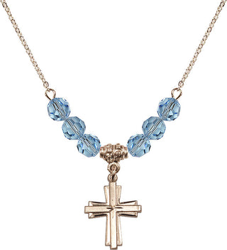 18" Hamilton Gold Plated Necklace with 4mm Aqua Crystal Beads featuring a 14kt Gold Filled Cross Medal.