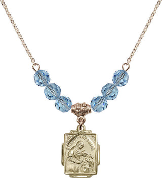 18" Hamilton Gold Plated Necklace with 4mm Aqua Crystal Beads featuring a 14kt Gold Filled Saint Ann Medal. Engraved Catholic Saint Jewelry