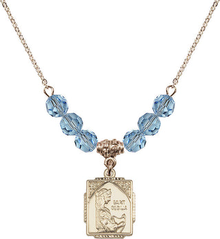 18" Hamilton Gold Plated Necklace with 4mm Aqua Crystal Beads featuring a 14kt Gold Filled Saint Cecilia Medal. Engraved Catholic Saint Jewelry