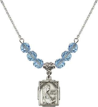 18" Rhodium Plated Necklace with 4mm Aqua Crystal Beads featuring a Sterling Silver Saint Cecilia Medal. Engraved Catholic Saint Jewelry