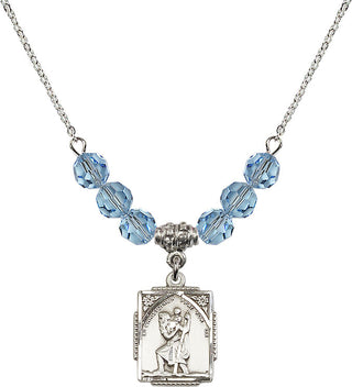 18" Rhodium Plated Necklace with 4mm Aqua Crystal Beads featuring a Sterling Silver Saint Christopher Medal. Engraved Catholic Saint Jewelry