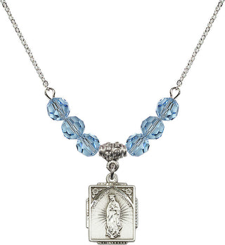 18" Rhodium Plated Necklace with 4mm Aqua Crystal Beads featuring a Sterling Silver Our Lady of Guadalupe Medal. Engraved Catholic Saint Jewelry