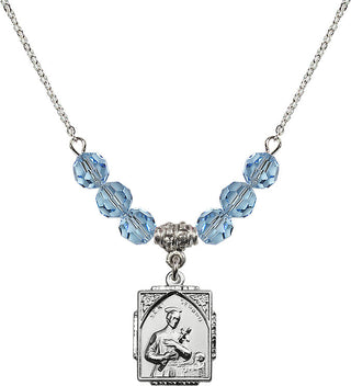 18" Rhodium Plated Necklace with 4mm Aqua Crystal Beads featuring a Sterling Silver Saint Gerard Medal. Engraved Catholic Saint Jewelry
