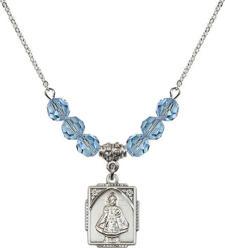 18" Rhodium Plated Necklace with 4mm Aqua Crystal Beads featuring a Sterling Silver Infant of Prague Medal. Engraved Catholic Saint Jewelry