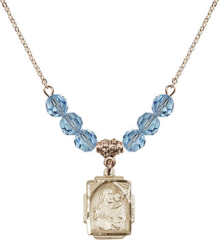 18" Hamilton Gold Plated Necklace with 4mm Aqua Crystal Beads featuring a 14kt Gold Filled Saint Joseph Medal. Engraved Catholic Saint Jewelry