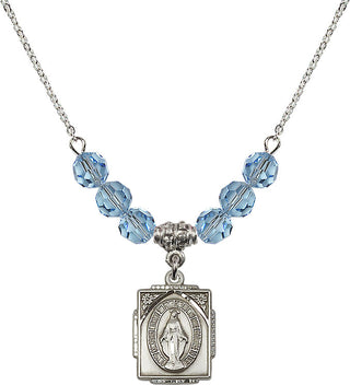 18" Rhodium Plated Necklace with 4mm Aqua Crystal Beads featuring a Sterling Silver Miraculous Medal. Engraved Catholic Saint Jewelry