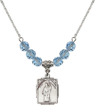 18" Rhodium Plated Necklace with 4mm Aqua Crystal Beads featuring a Sterling Silver Saint Patrick Medal. Engraved Catholic Saint Jewelry