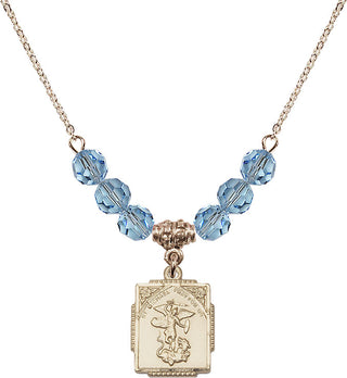 18" Hamilton Gold Plated Necklace with 4mm Aqua Crystal Beads featuring a 14kt Gold Filled Saint Michael the Archangel Medal. Engraved Catholic Saint Jewelry