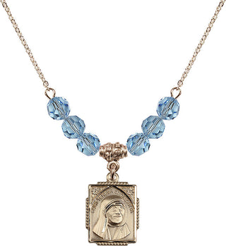 18" Hamilton Gold Plated Necklace with 4mm Aqua Crystal Beads featuring a 14kt Gold Filled Saint Teresa of Calcutta Medal. Engraved Catholic Saint Jewelry