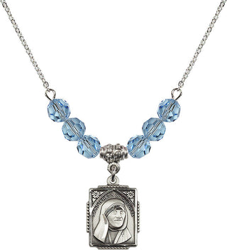 18" Rhodium Plated Necklace with 4mm Aqua Crystal Beads featuring a Sterling Silver Saint Teresa of Calcutta Medal. Engraved Catholic Saint Jewelry