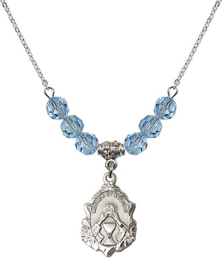 18" Rhodium Plated Necklace with 4mm Aqua Crystal Beads featuring a Sterling Silver Mother of a Priest Medal. Engraved Catholic Saint Jewelry