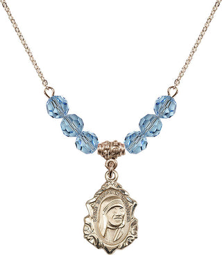 18" Hamilton Gold Plated Necklace with 4mm Aqua Crystal Beads featuring a 14kt Gold Filled Saint Teresa of Calcutta Medal.