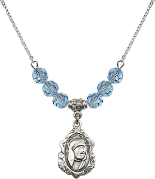 18" Rhodium Plated Necklace with 4mm Aqua Crystal Beads featuring a Sterling Silver Saint Teresa of Calcutta Medal.