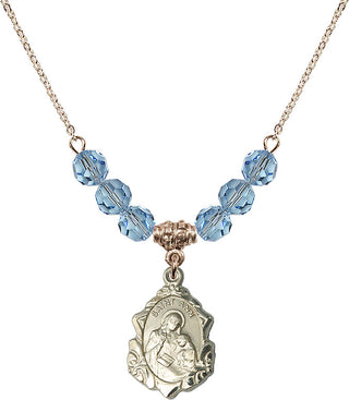 18" Hamilton Gold Plated Necklace with 4mm Aqua Crystal Beads featuring a 14kt Gold Filled Saint Ann Medal. Engraved Catholic Saint Jewelry