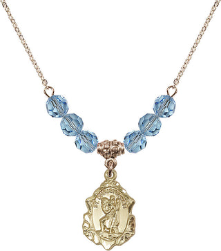 18" Hamilton Gold Plated Necklace with 4mm Aqua Crystal Beads featuring a 14kt Gold Filled Saint Christopher Medal. Engraved Catholic Saint Jewelry