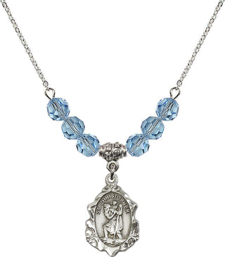 18" Rhodium Plated Necklace with 4mm Aqua Crystal Beads featuring a Sterling Silver Saint Christopher Medal. Engraved Catholic Saint Jewelry