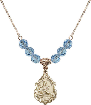 18" Hamilton Gold Plated Necklace with 4mm Aqua Crystal Beads featuring a 14kt Gold Filled Saint Gerard Medal. Engraved Catholic Saint Jewelry