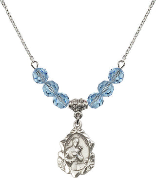 18" Rhodium Plated Necklace with 4mm Aqua Crystal Beads featuring a Sterling Silver Saint Gerard Medal. Engraved Catholic Saint Jewelry