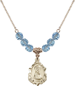 18" Hamilton Gold Plated Necklace with 4mm Aqua Crystal Beads featuring a 14kt Gold Filled Infant of Prague Medal. Engraved Catholic Saint Jewelry