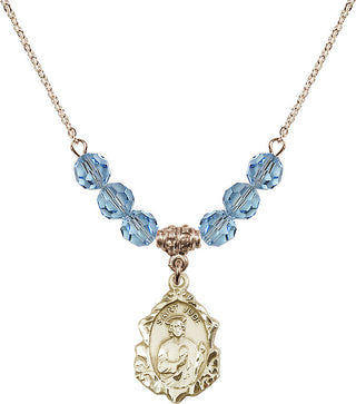 18" Hamilton Gold Plated Necklace with 4mm Aqua Crystal Beads featuring a 14kt Gold Filled Saint Jude Medal. Engraved Catholic Saint Jewelry