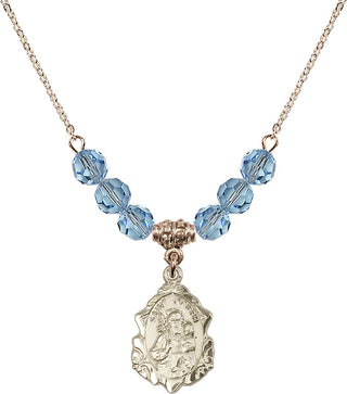18" Hamilton Gold Plated Necklace with 4mm Aqua Crystal Beads featuring a 14kt Gold Filled Saint Joseph Medal. Engraved Catholic Saint Jewelry