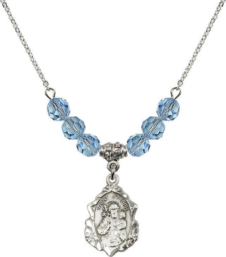 18" Rhodium Plated Necklace with 4mm Aqua Crystal Beads featuring a Sterling Silver Saint Joseph Medal. Engraved Catholic Saint Jewelry