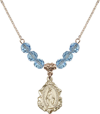 18" Hamilton Gold Plated Necklace with 4mm Aqua Crystal Beads featuring a 14kt Gold Filled Miraculous Medal. Engraved Catholic Saint Jewelry