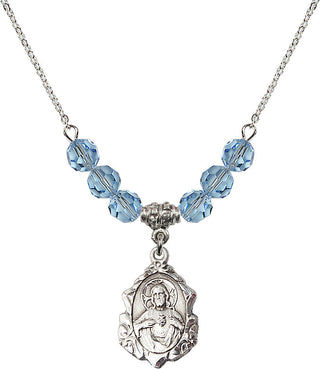 18" Rhodium Plated Necklace with 4mm Aqua Crystal Beads featuring a Sterling Silver Scapular Medal.