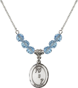 18" Rhodium Plated Necklace with 4mm Aqua Crystal Beads featuring a Sterling Silver First Penance Medal.