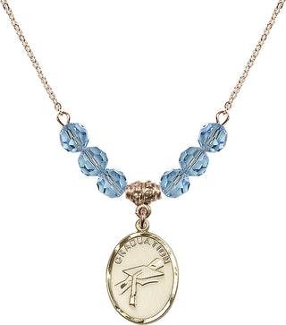 18" Hamilton Gold Plated Necklace with 4mm Aqua Crystal Beads featuring a 14kt Gold Filled Graduation Medal.