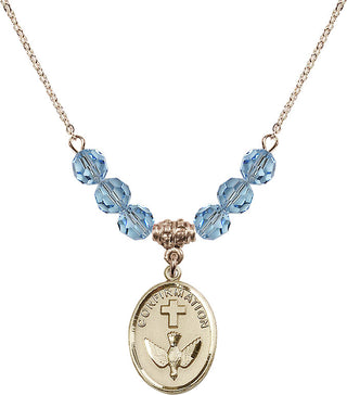 18" Hamilton Gold Plated Necklace with 4mm Aqua Crystal Beads featuring a 14kt Gold Filled Confirmation Medal.