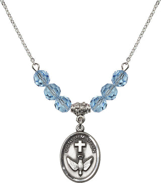 18" Rhodium Plated Necklace with 4mm Aqua Crystal Beads featuring a Sterling Silver Confirmation Medal.