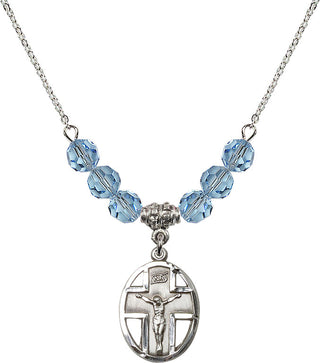 18" Rhodium Plated Necklace with 4mm Aqua Crystal Beads featuring a Sterling Silver Crucifix Medal.