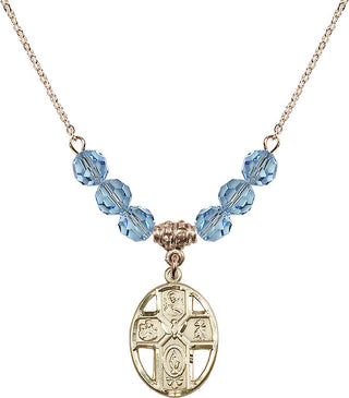 18" Hamilton Gold Plated Necklace with 4mm Aqua Crystal Beads featuring a 14kt Gold Filled 5-Way / Holy Spirit Medal.