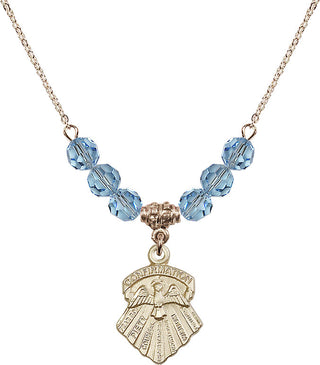 18" Hamilton Gold Plated Necklace with 4mm Aqua Crystal Beads featuring a 14kt Gold Filled Seven Gifts Medal.