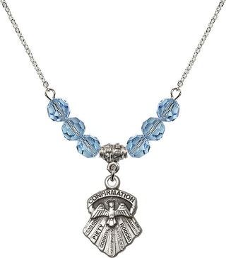 18" Rhodium Plated Necklace with 4mm Aqua Crystal Beads featuring a Sterling Silver Seven Gifts Medal.