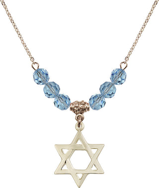 18" Hamilton Gold Plated Necklace with 4mm Aqua Crystal Beads featuring a 14kt Gold Filled Star of David Medal.
