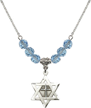 18" Rhodium Plated Necklace with 4mm Aqua Crystal Beads featuring a Sterling Silver Star of David with Cross Medal.