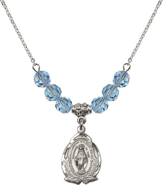 18" Rhodium Plated Necklace with 4mm Aqua Crystal Beads featuring a Sterling Silver Miraculous Medal.