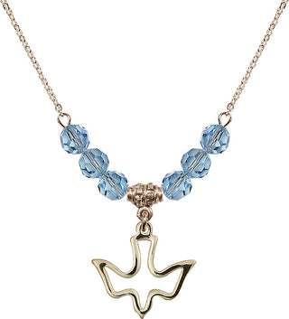 18" Hamilton Gold Plated Necklace with 4mm Aqua Crystal Beads featuring a 14kt Gold Filled Holy Spirit Medal.