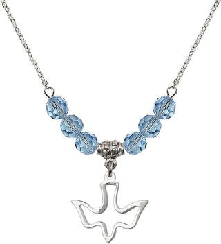 18" Rhodium Plated Necklace with 4mm Aqua Crystal Beads featuring a Sterling Silver Holy Spirit Medal.